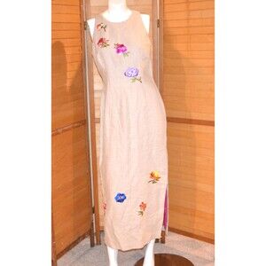 Vintage Dress Boho Shift Embroidered on Khaki Designer Trend